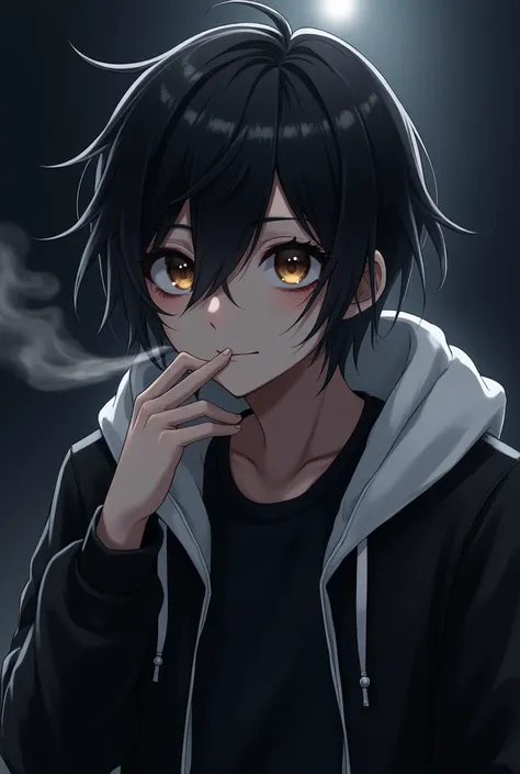 (masterpiece), ((Highest quality)), (masterpiece,Highest quality,Official Art,Highly detailed CG Unity 8K wallpapers)、good looking, alone, 1 male, Black hair with smoky grey tips, Brown eyes, Black Shirt, Black and white hooded, smoking, night, Black light...