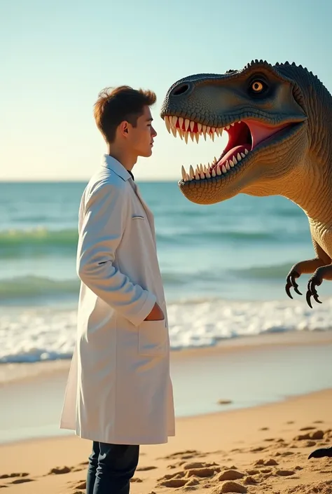 One in a physiotherapist&#39;s lab coat on the beach with a dinosaur 
