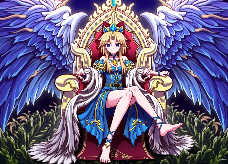 Anime girl sitting on a throne with wings and sword, Guilty Gear strive splash art, Guilty Gear art style, Guilty Gear art direction, Official Artwork, Guilty Gear, high detailed Official Artwork, Guilty Gear strive graphics, High-quality artwork, Black Ma...