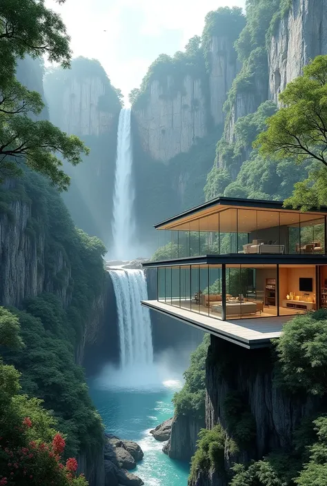 View of the waterfall、Luxury glass villa