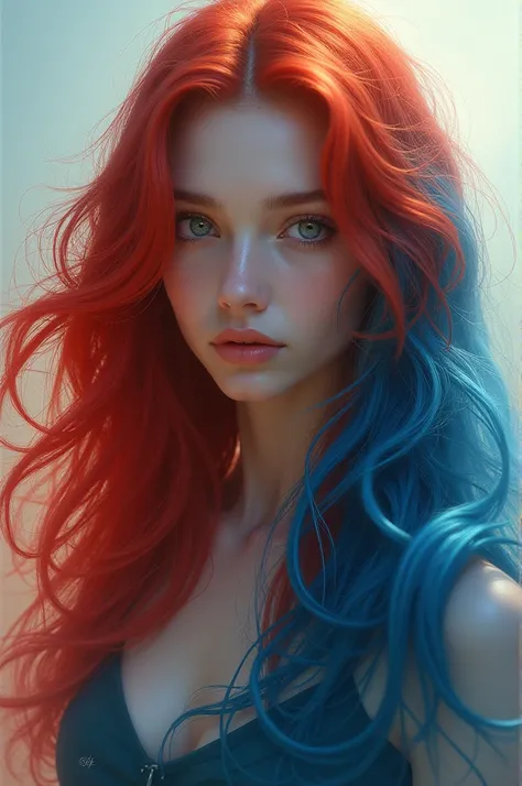 A girl with long red and blue hair