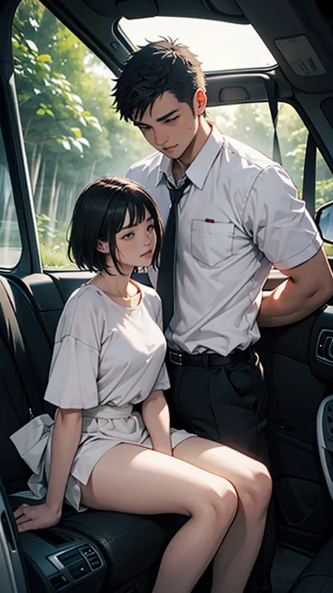 A young couple is romancing inside a car. The woman is wearing short sexy clothes. It is night. There is a forest nearby.