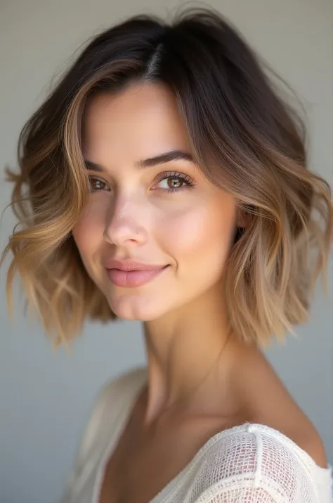 Only short wavy hair with a balayage in not so light tones 