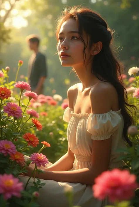 A beautiful girl sitting in garden and looking at azaleas zinnias baslam and a beautiful young whose is starting bit far from her so what sun rays doesnt fall on her but she is unable to see his face beautiful of sunlight