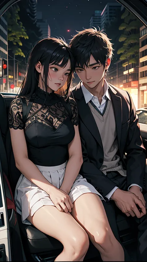 A young couple is romancing inside a car. The woman is wearing short sexy clothes. It is night. There is a forest nearby.