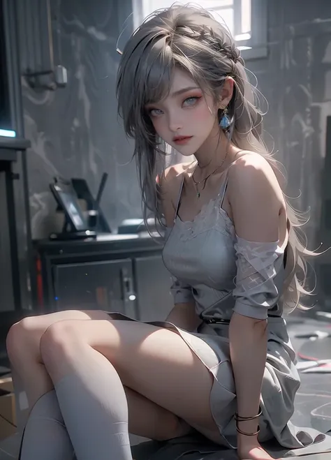 masterpiece,Game Art,Best picture quality,Maximum resolution,8k,(Upper Body),Unreal Engine 5 rendering works,(Digital Photography),(The girl looks at you lovingly,The smile is beautiful),Short hair details,(The eyes are very delicate),(With long gray hair:...