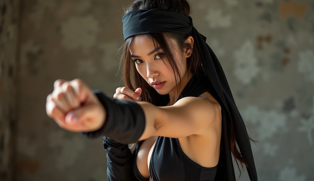 beautiful japanese woman with big boobs in revealing short ninja costume, preparing to strike, fighting pose, confident look, kung fu