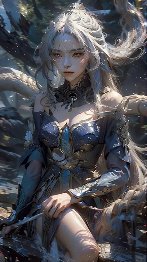 On the mountain coast,A beautiful dragon girl,long hair shawl,Big breasts,Wearing Immortal Clothes,Sword,Perform sword dance alone
