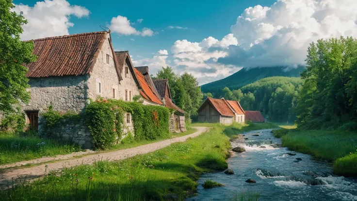 Estonian ancient village, mystical nature, Rivers, Mountains and forests, waterfall, cloud, Photorealistic photos, It&#39;s not 8k. Aerial view.