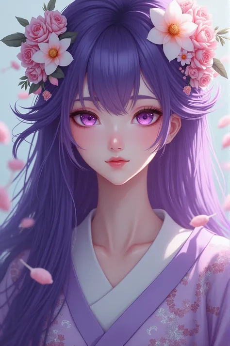 Purple hair, Caucasian beauty, long hair, purple eyes, kimono, flower decoration on head