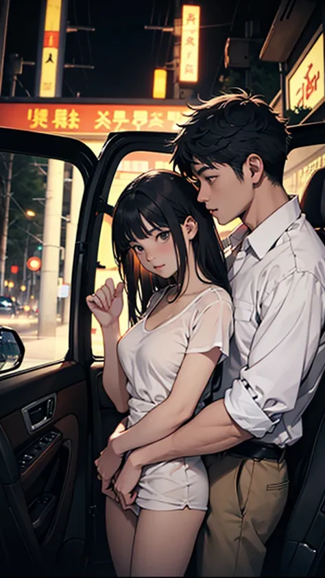 A young couple is romancing inside a car. The woman is wearing short sexy clothes. It is night. There is a forest nearby.