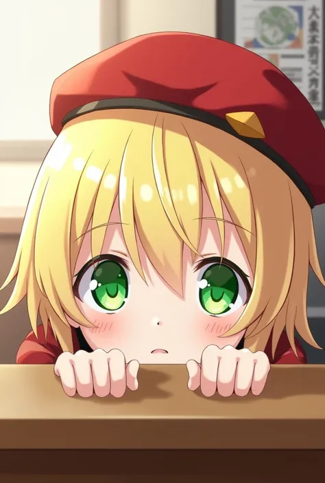 Peering over from behind the desk is Shigure Ui, a 16-year-old blonde with green eyes.。
Wearing a red hat and uniform