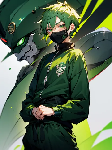 1male, green hair, short hair, green eyes, robot mask, green varsity jacket, black sweatshirt, black sweatpants, tied to waist, sleepy expression