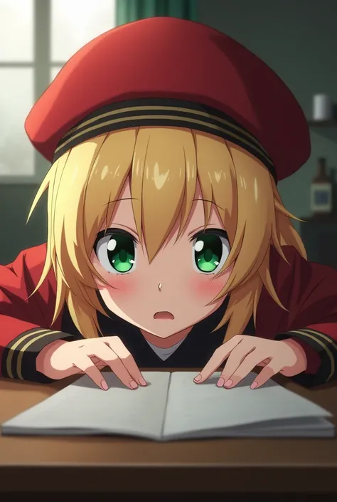 Shigure Ui peers at me from across the desk.。
Shigure Uito is a 16-year-old blonde with green eyes.。
Please cover your hands when wearing a red hat and uniform