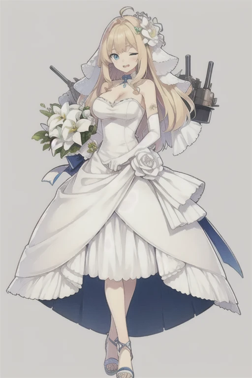 konggo (warship girls r),((Best quality))), ((Best quality))), ((Ultra-detailed)), ((illustration)), ((Disheveled hair)), ((frilld)), (1 girl), (Solo),1girl, ;d, ahoge, bangs, bare shoulders, blonde hair, blue eyes, blush, bouquet, breasts, cannon, cleavag...