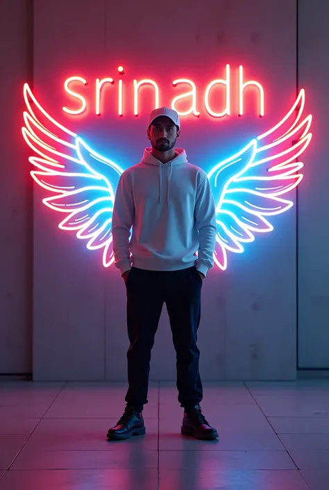  In this striking and futuristic scene, a mysterious individual stands confidently in front of a mesmerizing neon wall. The individual’s casual attire – a white sweater, white cap, black pants, and black shoes – contrasts with the vibrant neon wings in ind...