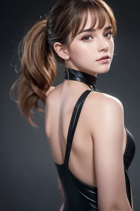 Close-up of a woman with a ponytail and a black dress, Emma Watson wearing fancy fish, Emma Watson, photo of Emma Watson in swimsuit, Emma Watson wearing a swimsuit, Emma!! Watson!!, photo of Emma Watson, of Emma Watson, Emma Watson as driada, face of Emma...