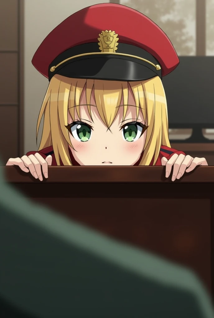 Shigure Ui peers at me from the other side of the desk, her head above the head.。
Shigure Uito is a 16-year-old blonde with green eyes.。
Wearing a red hat and uniform。
Both hands are missing