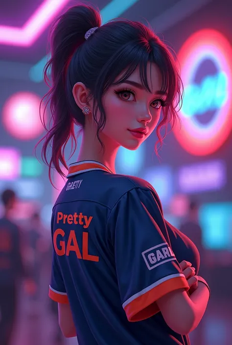 A young woman with esports jersy and has a "Pretty GAL" name on the back
