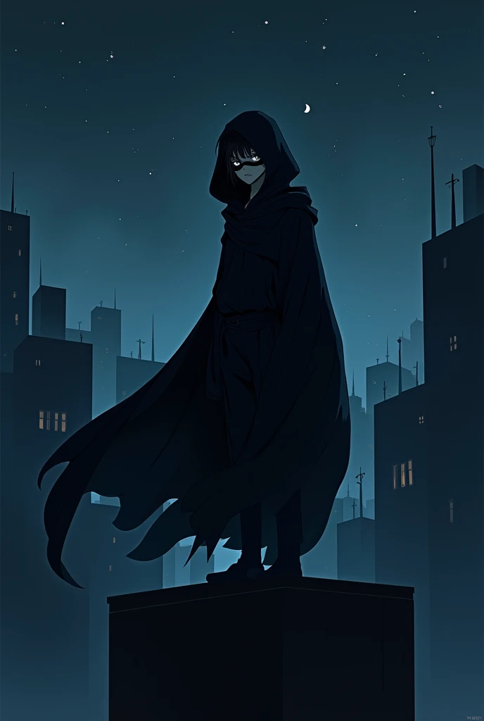 anime character, adolescent, serious face in shape with dark mask, wearing a hood and black cape on top of buildings at night