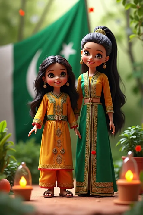 Make an 14 august Pakistan independence day image in which type name princess rimshaaa near to an Barbi doll