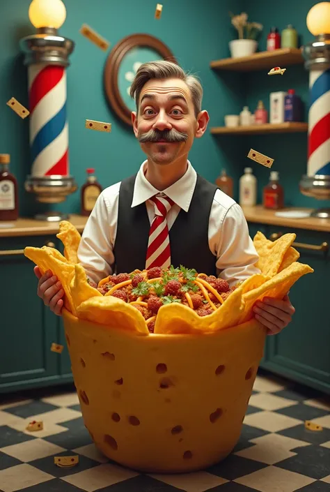 Please generate an image with the title nacho barber coming out of a nacho and with razors around it and something to do with barbershops, that is mind-blowing 
