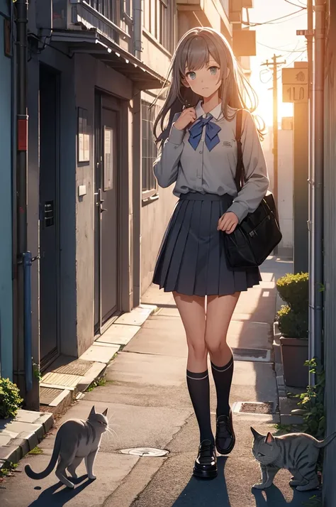 girl in school uniform touching a grey cat, alleyway, sunset, close up