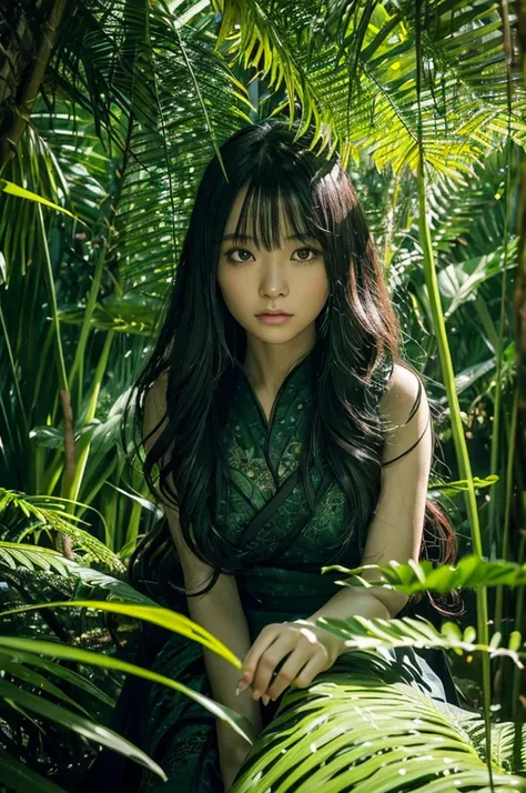 I have generated detailed prompts for you to create an image of this scene。The depiction will proceed as follows:：

---

**Prompt:**  
In a deep, dark jungle, a Japanese girl is the central figure, radiating an ethereal glow. Her body is covered in intrica...