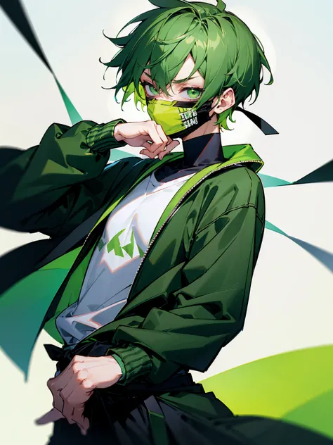 1male, green hair, short hair, green eyes, mask, green varsity jacket, black sweatshirt, black sweatpants, tied to waist, sleepy expression