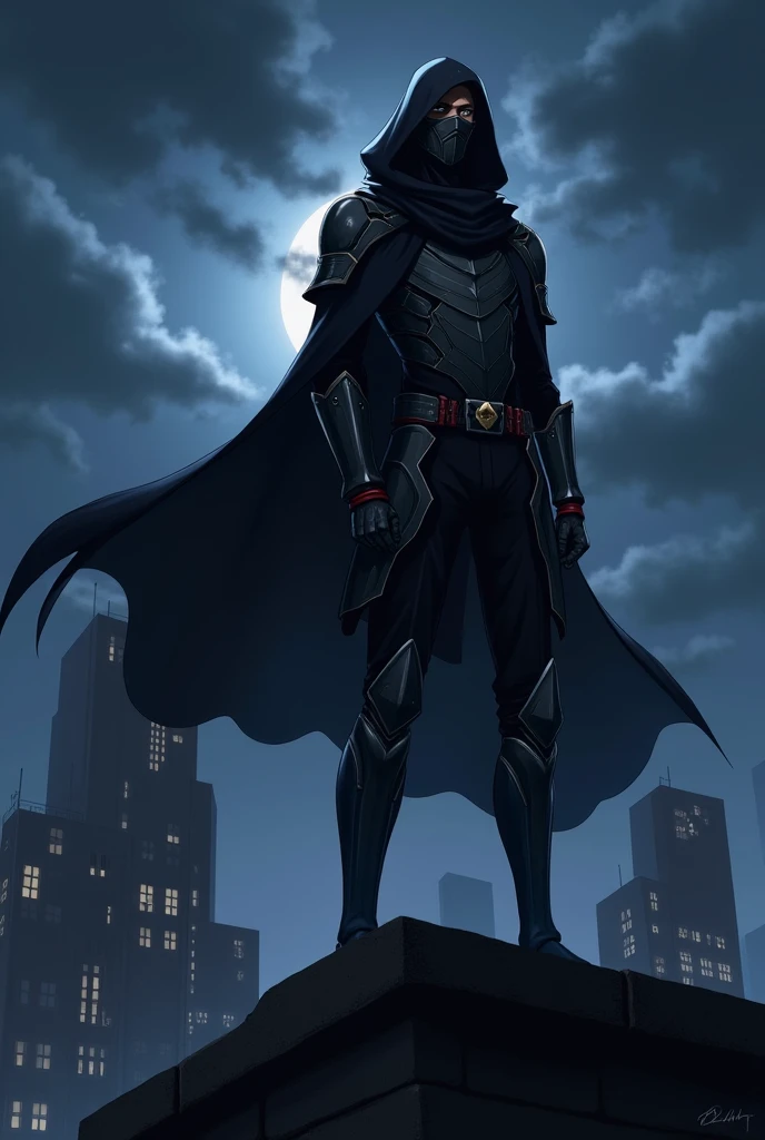 anime character, serious face, of light armor, with dark mask, wearing a hood and black cape on top of buildings at night