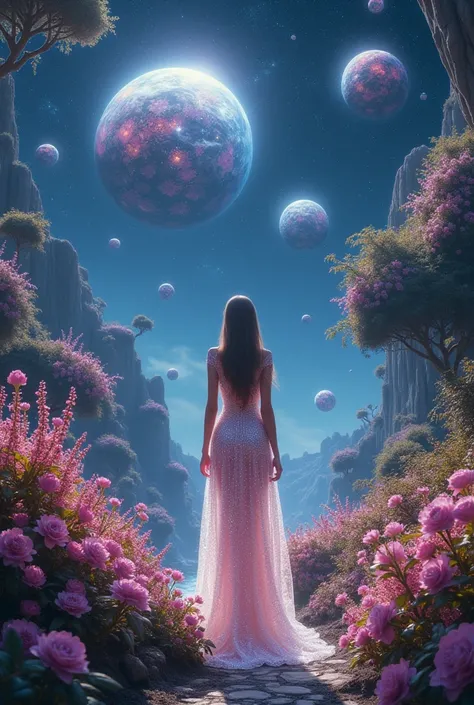 Celestial Gardens: A realm where gardens float among the stars, each planet a vibrant mosaic of flowers. A stunning girl in a gown of stardust and pearls wanders among these celestial blooms, her skin sparkling like the night sky. Make it heyper realistic ...