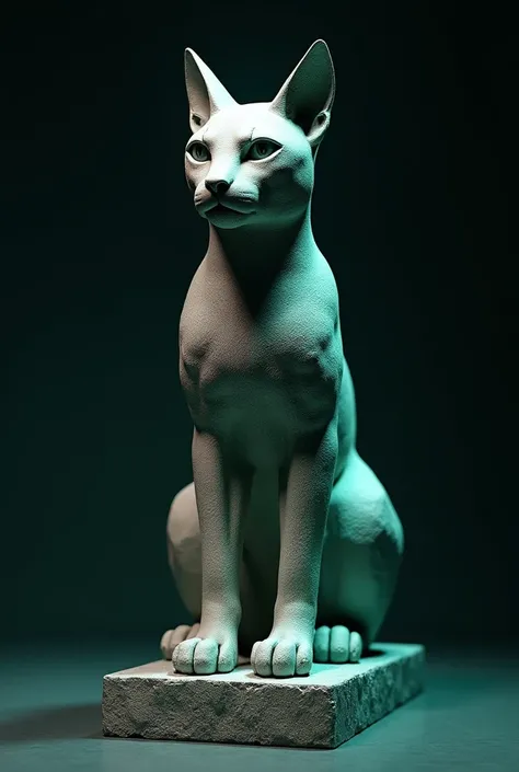 Create a stone sculpture of an Egyptian cat like a Greek sculpture with a black background and turquoise lights 