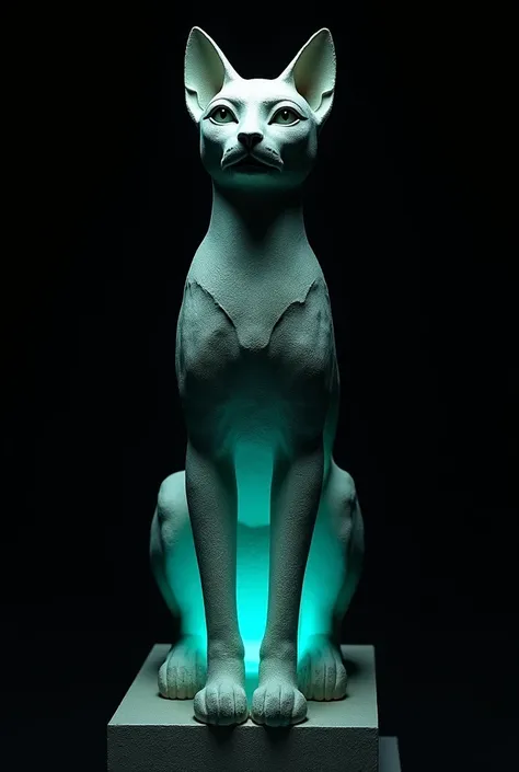 Create a stone sculpture of an Egyptian cat like a Greek sculpture with a black background and turquoise lights 