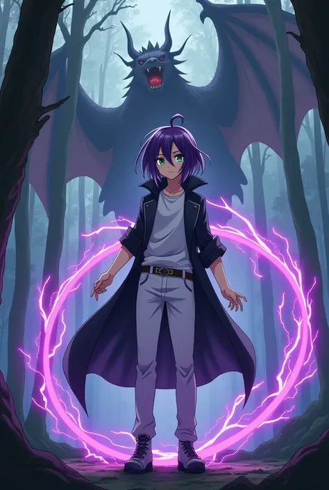 An anime-style scene set in a dense, mystical forest. The character, a Genshin Impact-inspired warrior, stands at 187 cm with average but striking features. He has purple hair styled in a mullet haircut, green eyes, and a soft yet fierce expression. Hes dr...