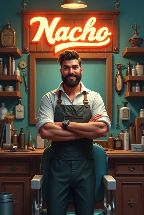 Please generate an image that has as title (Nacho barber) With Nacho making the name look like a dream and having razors and many things around that have to do with barbering., that looks amazing just from the barbershop 
