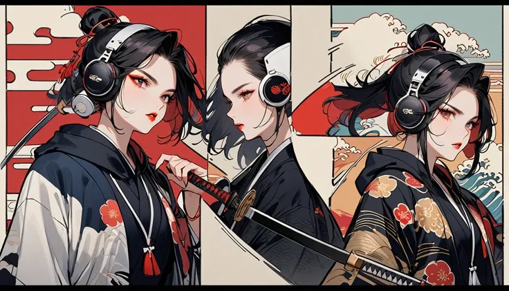 (((独奏))), (((Flashy makeup))), (((Japanese style headphones))), (((Japanese pattern hoodie))), (((Japanese sword))), (((Female samurai))), Japanese beautiful girl, Black Hair, Delicate and precise, Modern ukiyo-e style, Japanese flag, battle style