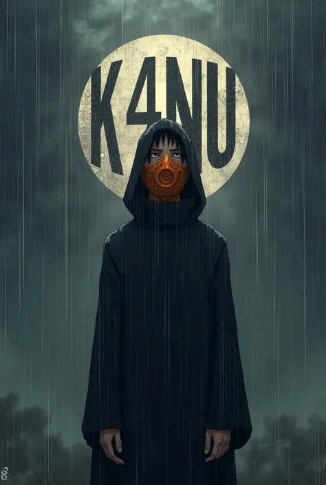 Masked Obito from Naruto anime standing in the rain and K4NU written on the image circular image