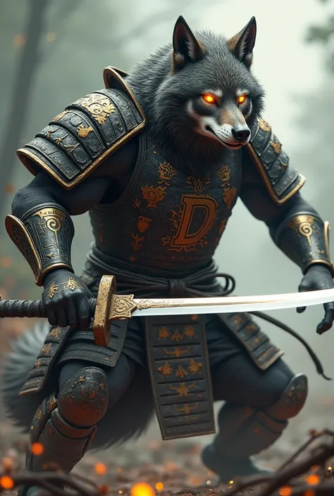 Wolf in armor with a sword and the letter D stamped on his samurai armor and the wolf being in an attack pose