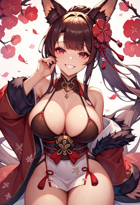 1 girl, IGN Akagi, Azur Lane, large breasts, brown kitsune, red eyes, yandere smile