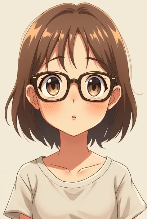 Anime character light brown hair with freckles rectangular glasses short hair facing forward not so thin 20 years old