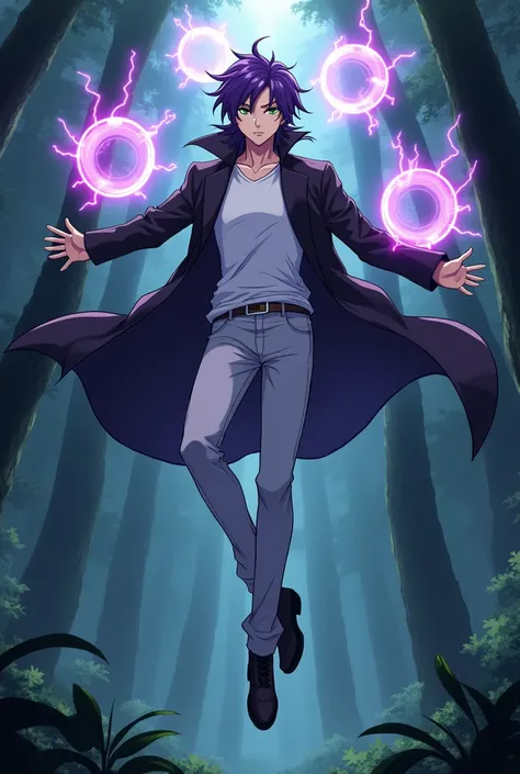  In an anime-style scene set in a mystical forest, a Genshin Impact-inspired character hovers in the air. The character is 187 cm tall, with average but striking features. His purple hair is styled in a mullet haircut, framing his green eyes that have a so...