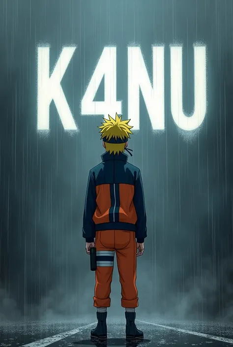 Naruto standing in the rain and K4NU written behind Naruto 