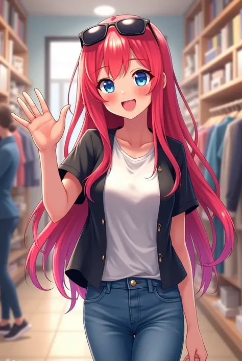 A girl with long red and pink hair, She has bright blue eyes, On top of her head are sunglasses, she has a smile on her face, waving happily, she is dressed in A black blouse, a white t-shirt, jeans and simple shoes, she has one hand on her waist And he is...