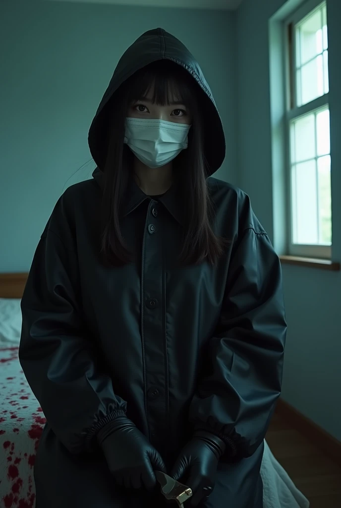 korean girl, (behind corpse, surgical mask), holding knife, stabbing, black gloves, room full of blood, black raincoat, plump, hood up, holding knife, black gloves, behind corpse, blood splatter, bondage, long bangs, bed room, looking at viewer, black wet ...