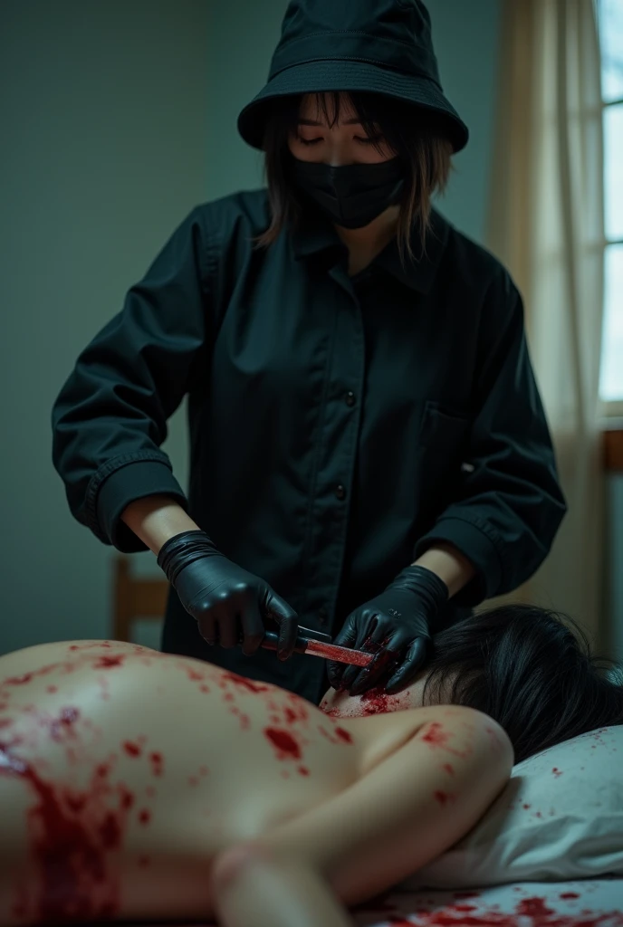 korean girl, (behind naked corpse, holding knife), black surgical mask, black gloves, room full of blood, black raincoat, bucket hat, holding knife, black gloves, woman on top, behind corpse, blood splatter, on the bed, mass murderer, killer, short hair, b...