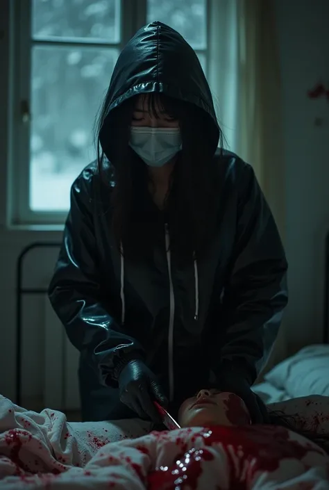 korean girl, (behind corpse, surgical mask), holding knife, stabbing, black gloves, room full of blood, black raincoat, plump, hood up, holding knife, black gloves, behind corpse, blood splatter, bondage, long bangs, bed room, black wet suit, night, mass m...