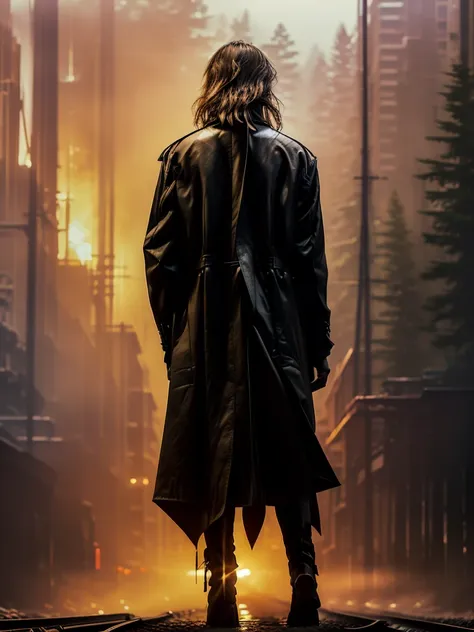 Epic photo, hyper realistic, Sunset, silhouette of (man, 188 cm tall, walking, dressed in a long overcoat, Texan boots, Gibson Les Paul Standard electric guitar hanging on his back), walk along the train tracks, trees in the background, photo for image of ...