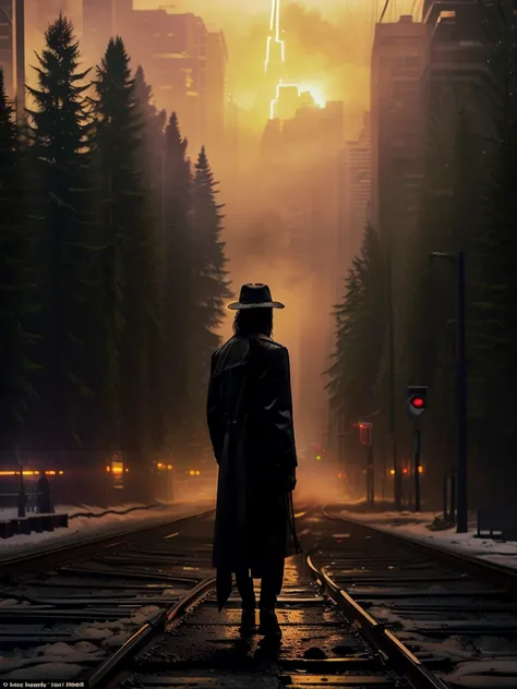 epic photo, hyper realistic, sunset, silhouette of (man, 188 cm tall, walking, dressed in a long overcoat, texan boots, gibson l...