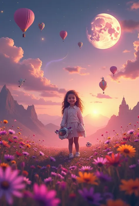 Vast landscape photography , (A view from Top, floating clouds above and the North Indian wide fields below), A girl standing in a flower field looking up, she is holding an Astronaut Mask, surrounded by colorful hot air balloons, (Elephants with butterfly...