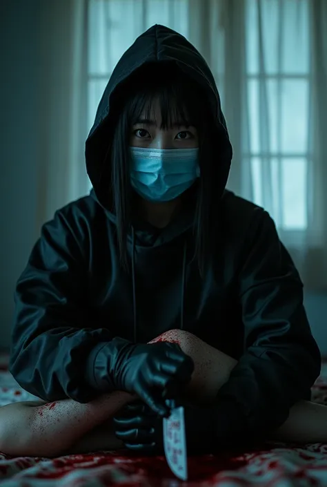 korean girl, (behind corpse, surgical mask), holding knife, stabbing, black gloves, room full of blood, black raincoat, plump, hood up, holding knife, black gloves, behind corpse, blood splatter, bondage, long bangs, bed room, looking at viewer, black wet ...